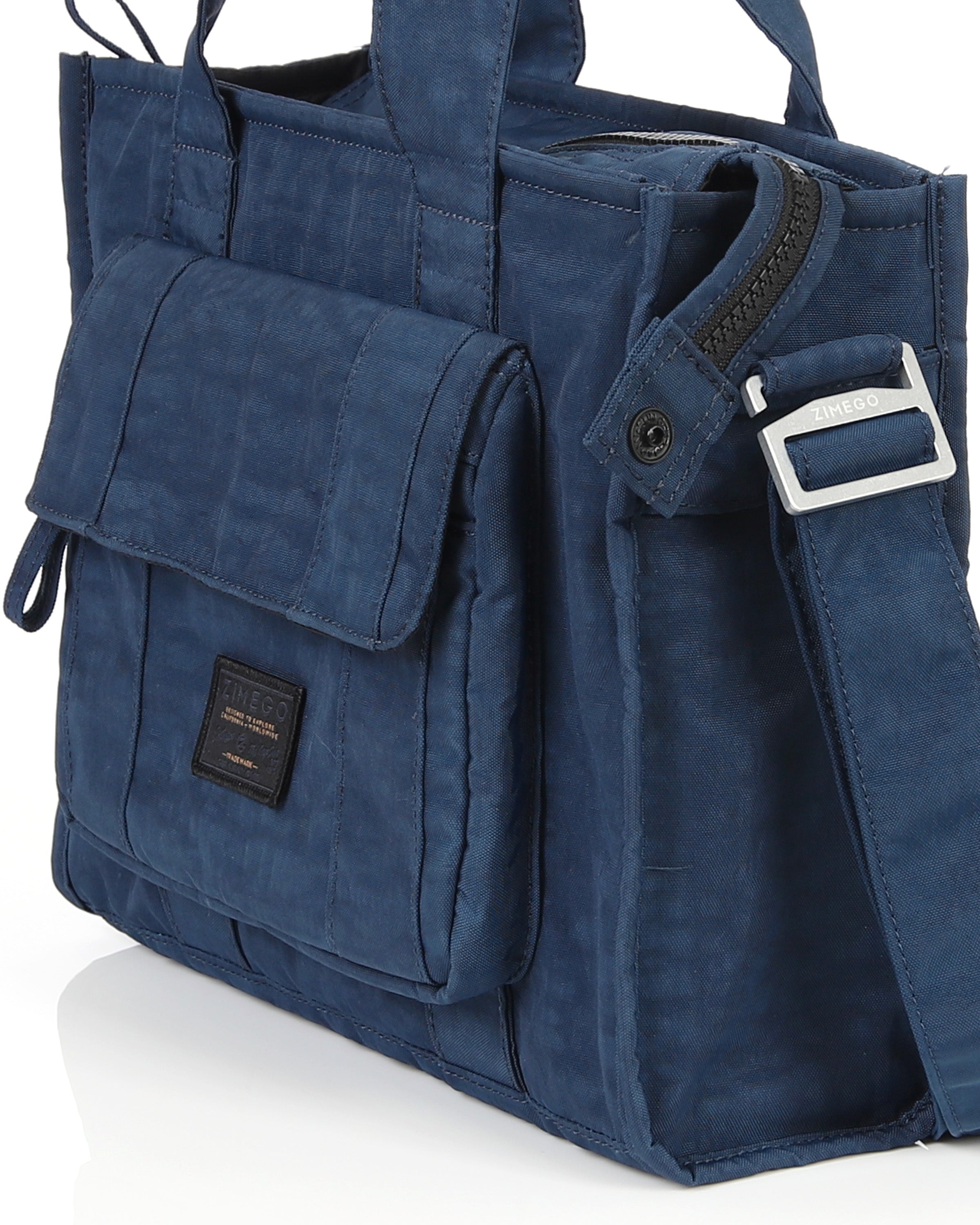 navy blue ace tote bag angled from the right